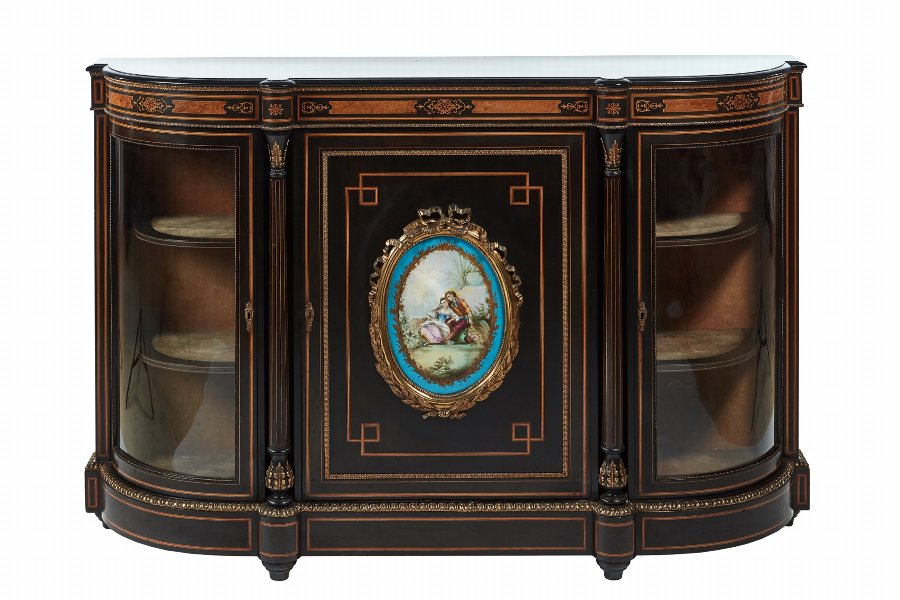 Fine French Ebonised And Amboyna Credenza With Large Sevres Style Plaque