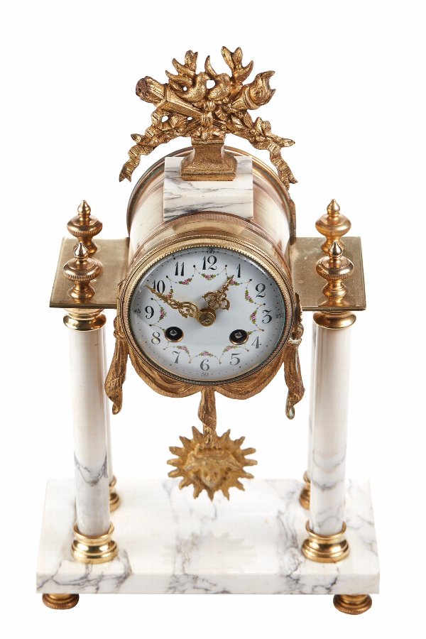 19th Century Antique French Gilt Brass & White Marble Mantle Clock