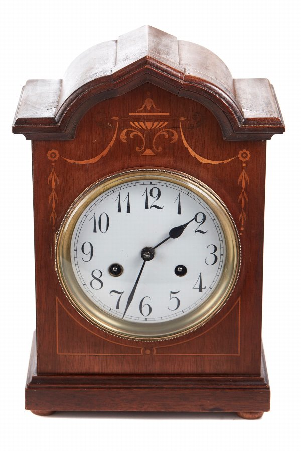 Antique Mahogany Inlaid 8 Day Mantle Clock