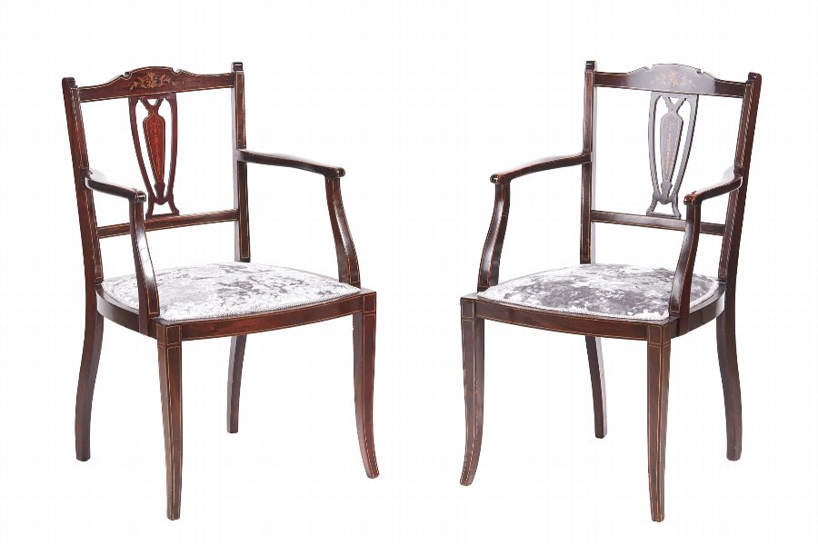 Pair Of Antique Mahogany Inlaid Armchairs