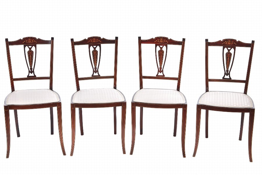 Set Of Four Antique Mahogany Inlaid Dining Chairs
