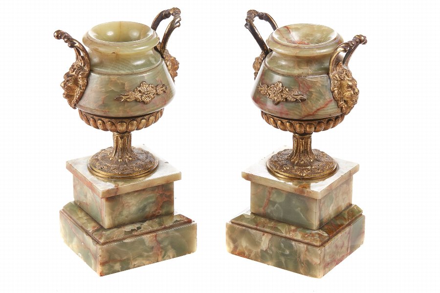 Fine Pair of French Antique Onyx & Gilt Metal Mounted Urns