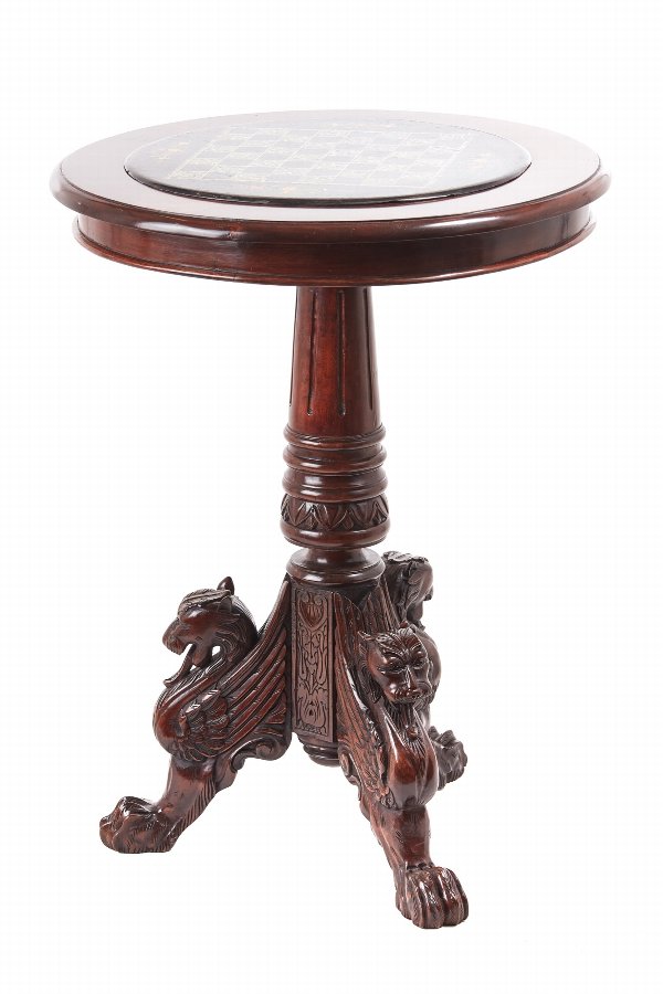 Fantastic Carved Mahogany Table With A Painted Marble Chess Top