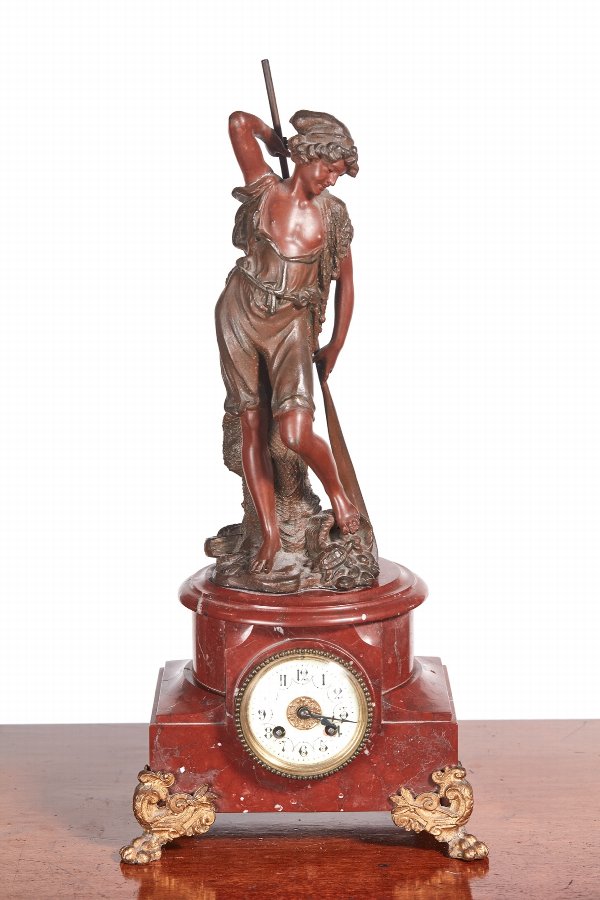 Antique French Bronzed Spelter And Red Marble Mantel Clock