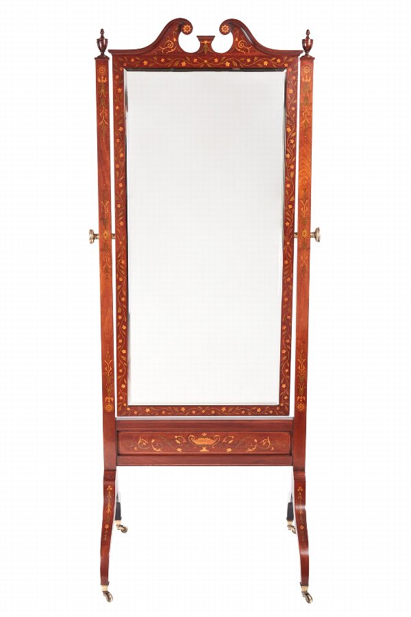 Outstanding Antique Mahogany Inlaid Cheval Mirror