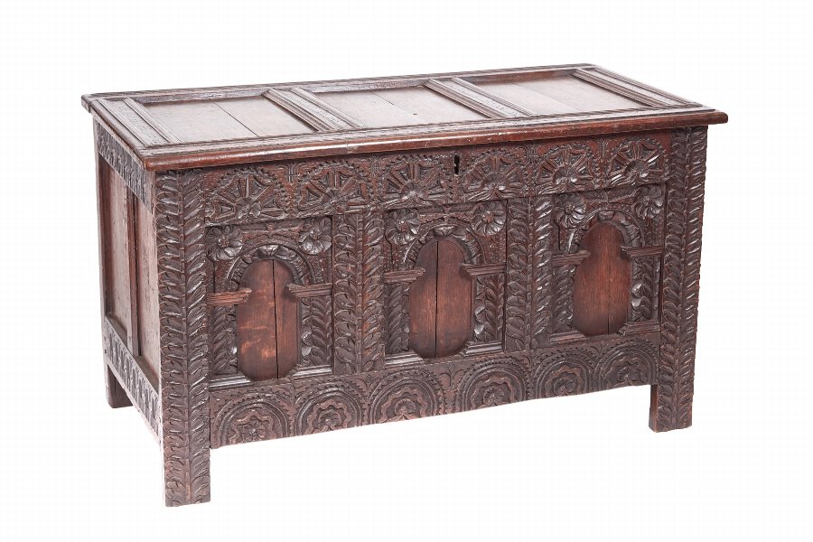 Fantastic 18TH Century Antique Carved Oak Panelled Coffer