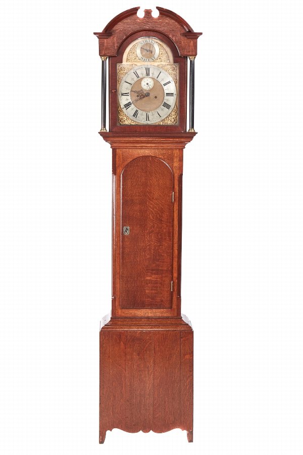 Antique Oak Brass Face Eight Day Grandfather Clock