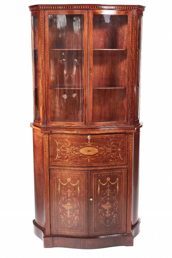 Fine Antique Mahogany Inlaid Serpentine Shaped Secretaire Bookcase