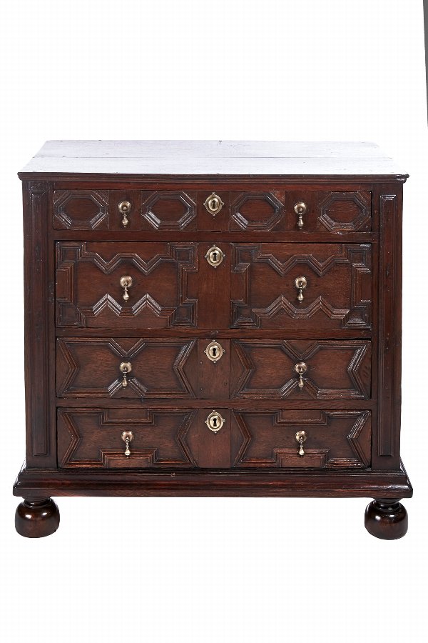Antique English William & Mary Jacobean Oak Paneled Geometric Chest Of Drawers