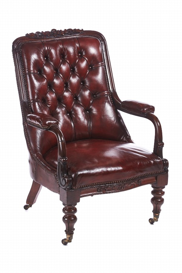Quality William IV Carved Mahogany Leather Button Back Library Chair