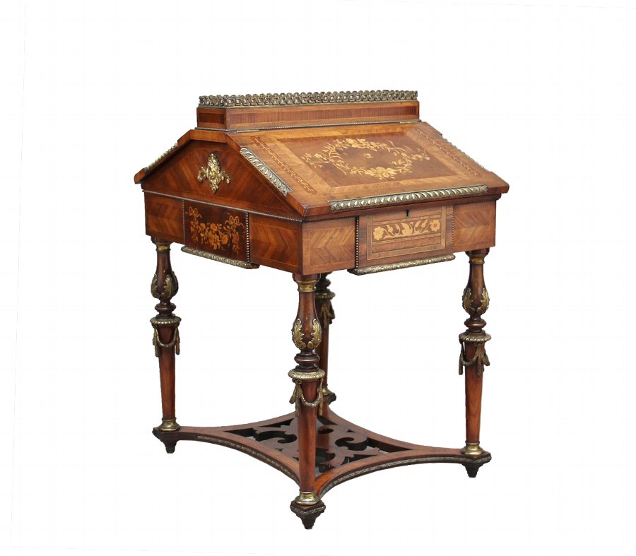 Fine Antique French Freestanding  Inlaid Marquetry Kingwood  Desk