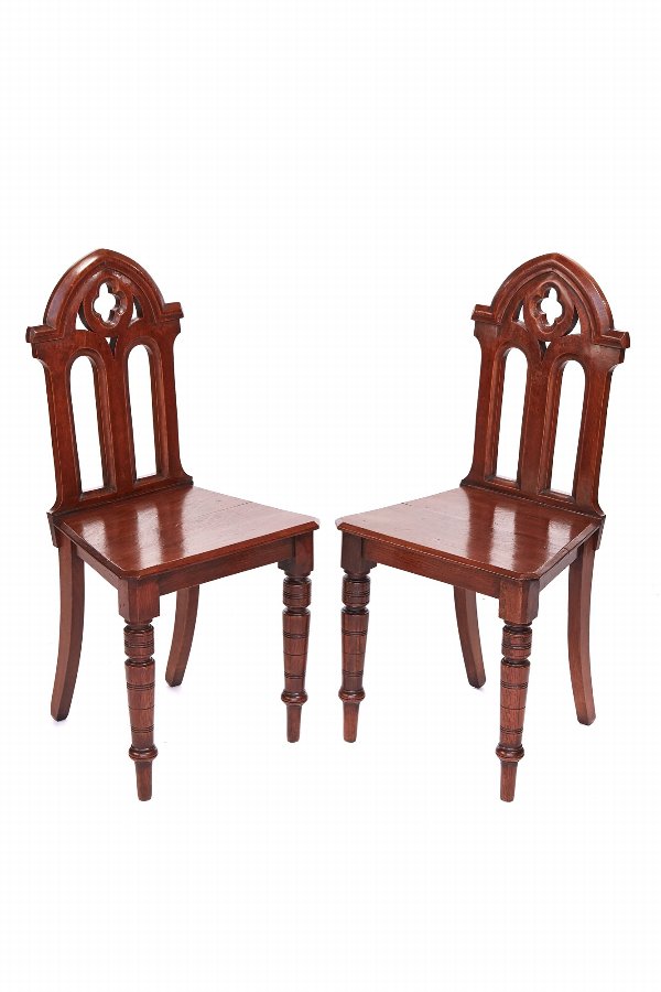 Antique Victorian Quality Pair Of Oak Gothic Hall Chairs