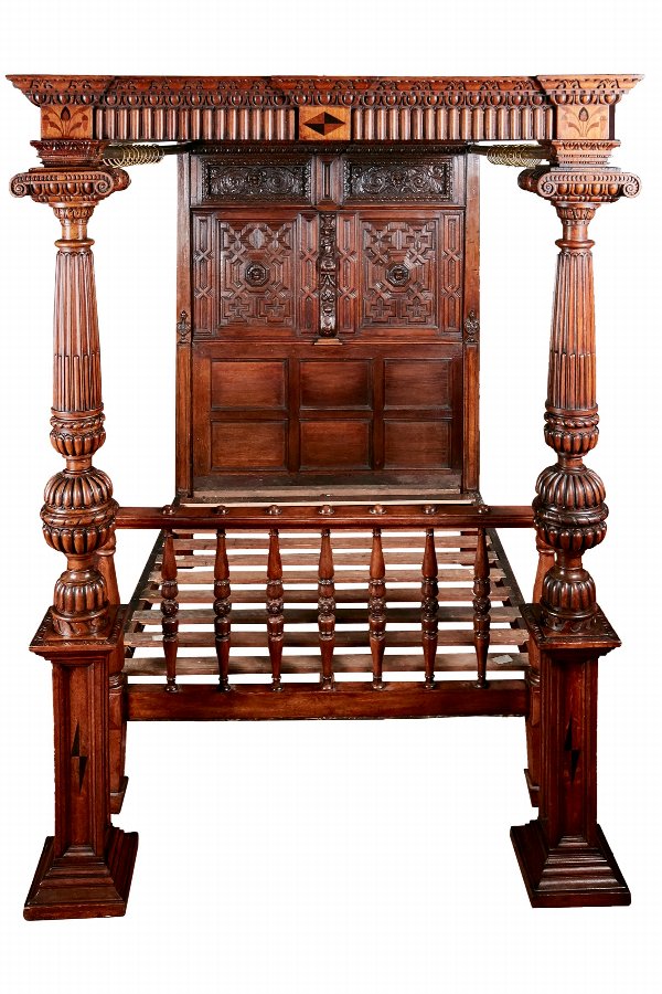 Outstanding Antique Victorian Carved Oak and Marquetry Inlaid 4-Poster Bed