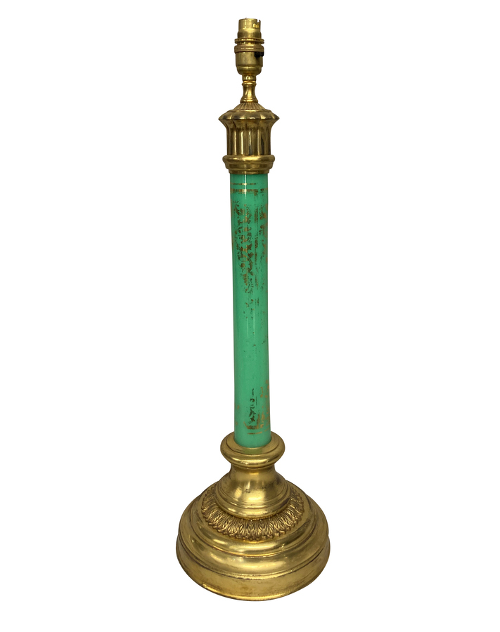 AN ITALIAN EGLOMISE LAMP IN MINT GREEN GLASS