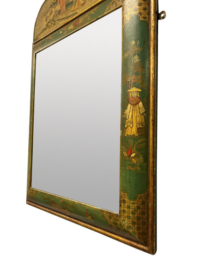 Antique A QUEEN ANNE STYLE JAPANNED MIRROR WITH A NEEDLEWORK CREST