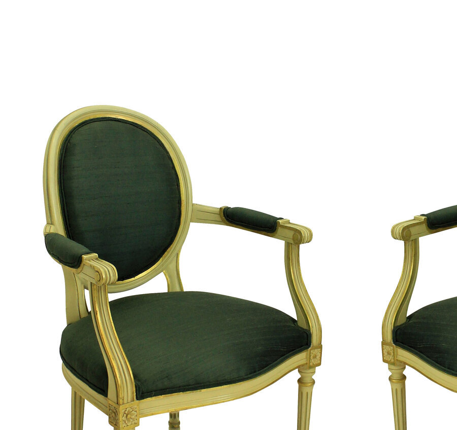 Antique A PAIR OF LOUIS XVI STYLE PAINTED & GILDED ARMCHAIRS IN SAGE GREEN SILK