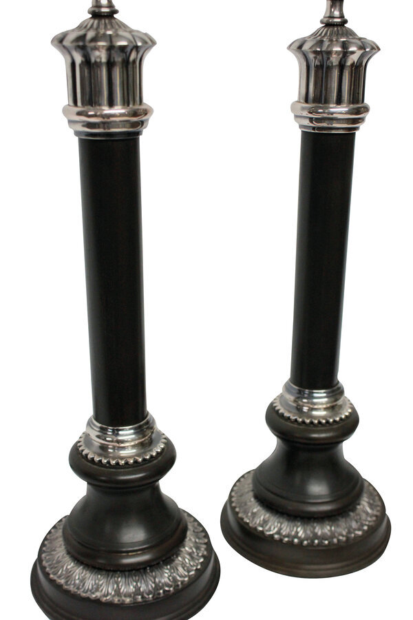 Antique A PAIR OF BRONZE & SILVER NEO-CLASSICAL LAMPS