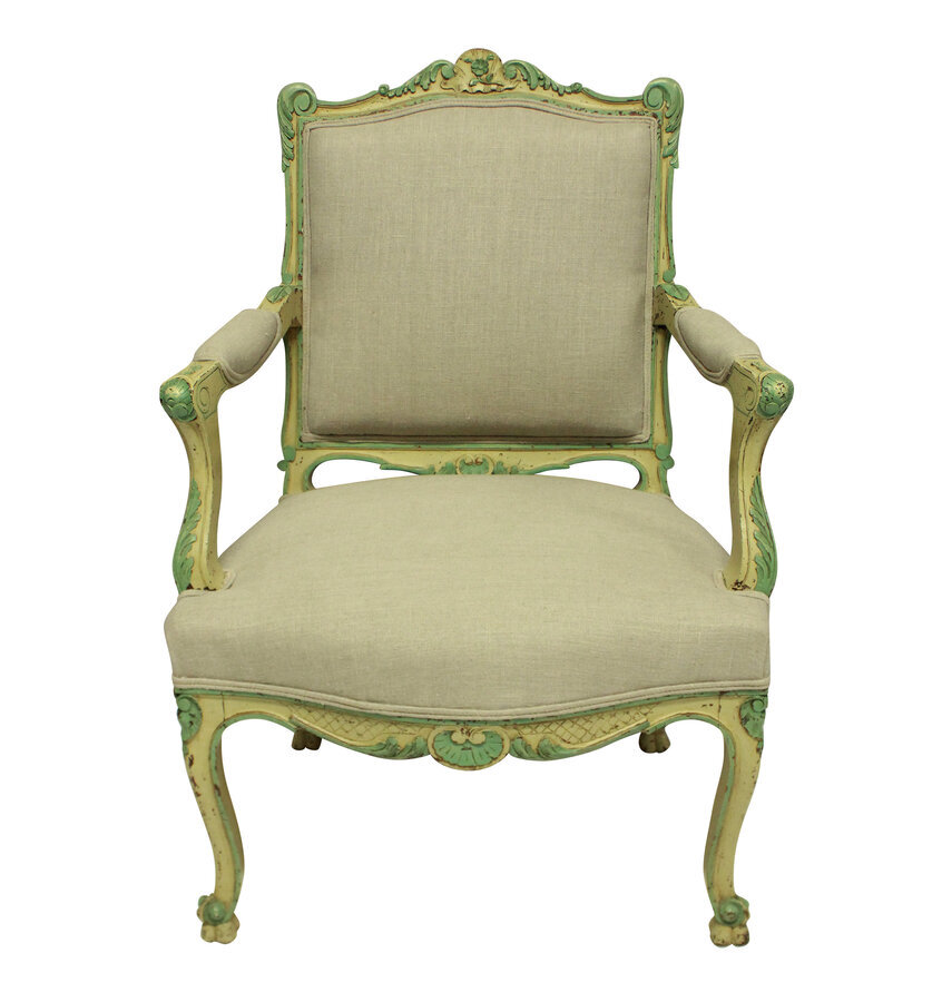 Antique A PAIR OF LOUIS XV STYLE ARMCHAIRS IN PALE YELLOW & GREEN PAINTS