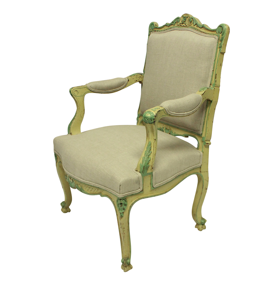 Antique A PAIR OF LOUIS XV STYLE ARMCHAIRS IN PALE YELLOW & GREEN PAINTS