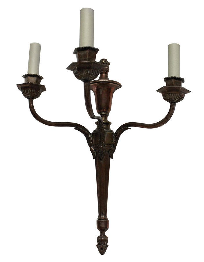 Antique FOUR BRONZED NEO-CLASSICAL THREE BRANCH SCONCES