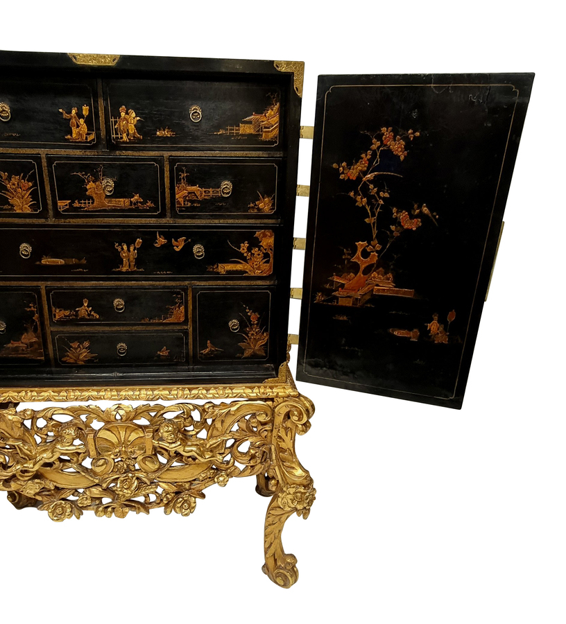 Antique A CHARLES II JAPANNED CHINOISERIE CABINET ON STAND