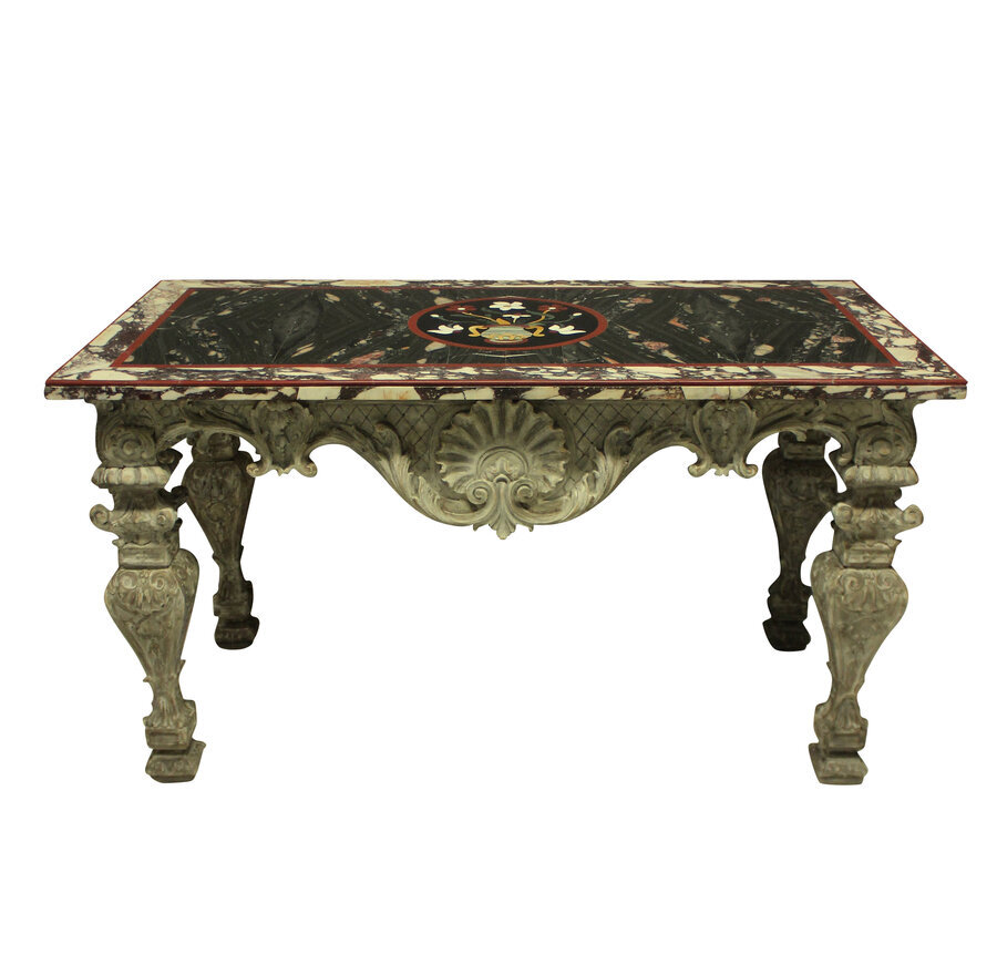 AN ITALIAN BAROQUE CARVED & PAINTED PIETRA DURA CENTRE TABLE