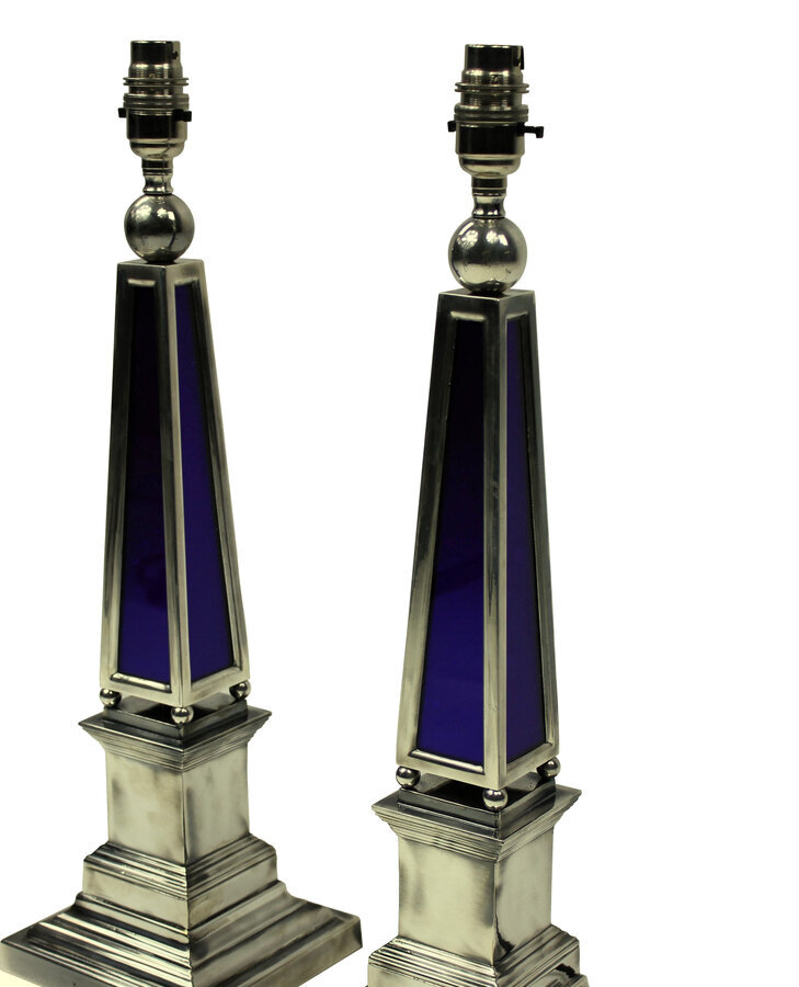 Antique A PAIR OF SILVER OBELISK LAMPS WITH BRISTOL BLUE GLASS PANELS