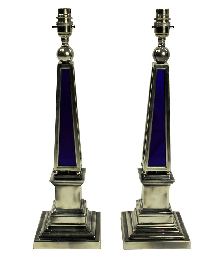 Antique A PAIR OF SILVER OBELISK LAMPS WITH BRISTOL BLUE GLASS PANELS
