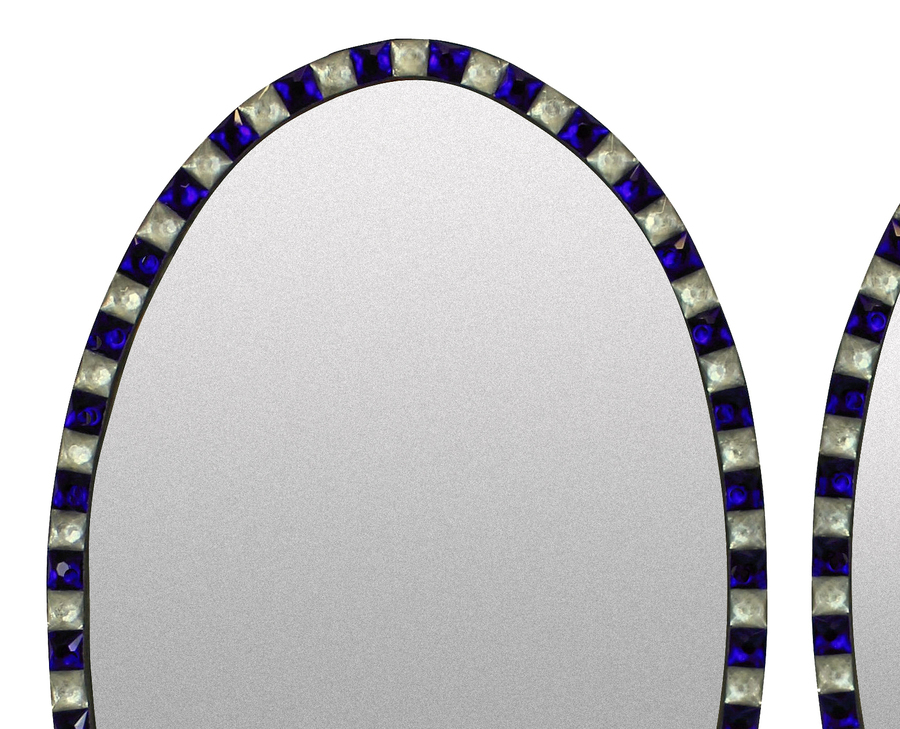 Antique A PAIR OF GEORGIAN STYLE IRISH MIRRORS WITH COBALT BLUE GLASS & ROCK CRYSTAL FACETED BORDERS
