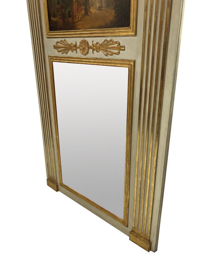 Antique A FRENCH PAINTED & GILDED TRUMEAU MIRROR WITH PAINTED PANEL