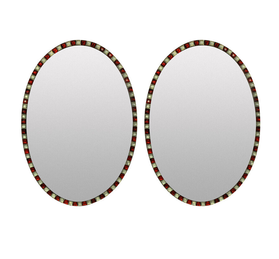 A PAIR OF GEORGIAN STYLE IRISH MIRRORS WITH RUBY GLASS & ROCK CRYSTAL FACETED BORDER