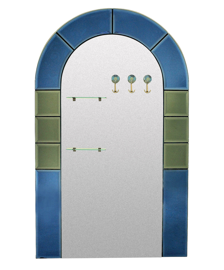 A LARGE FLOOR STANDING HALL MIRROR WITH COAT HOOKS