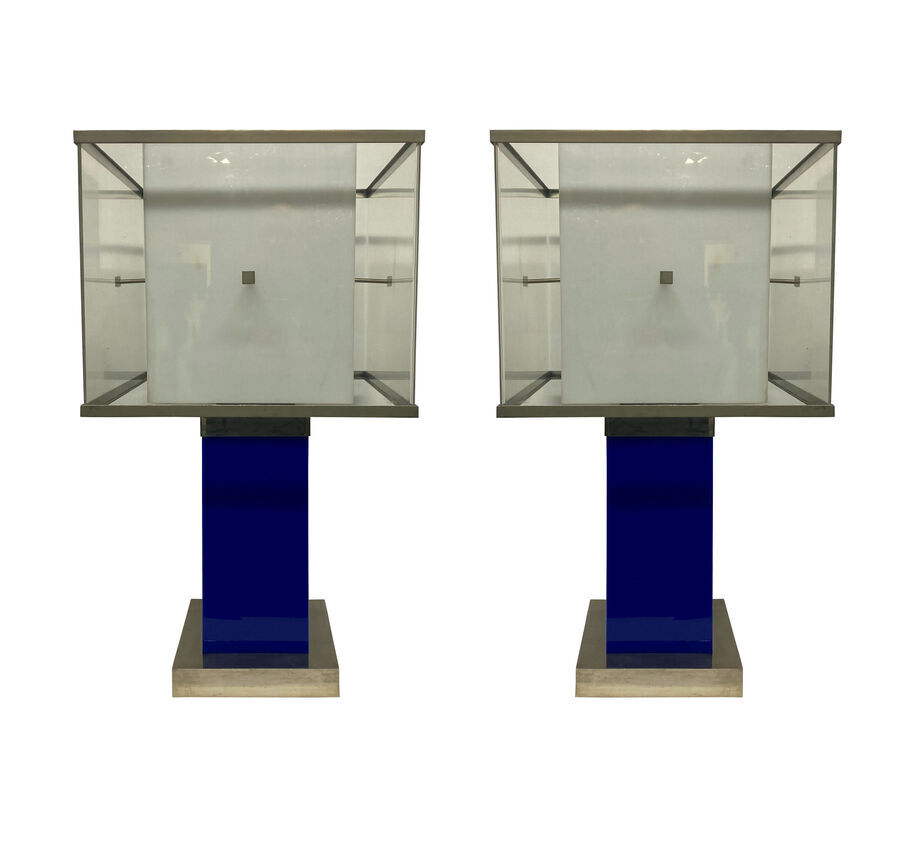 A PAIR OF LARGE ITALIAN MID-CENTURY ACRYLIC & CHROME LAMPS IN COBALT BLUE