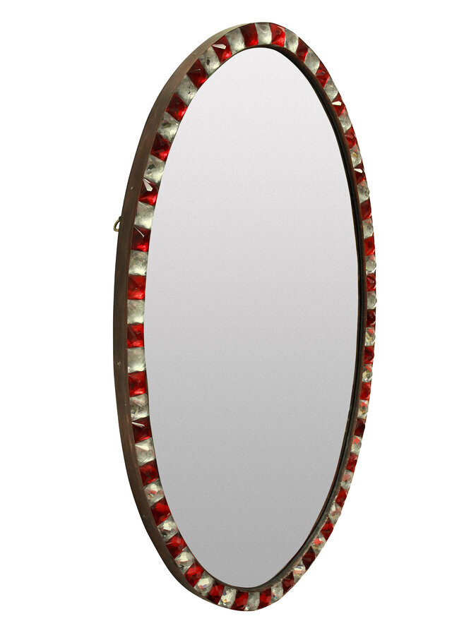 Antique A GEORGIAN STYLE IRISH MIRROR WITH RUBY GLASS & ROCK CRYSTAL FACETED BORDER
