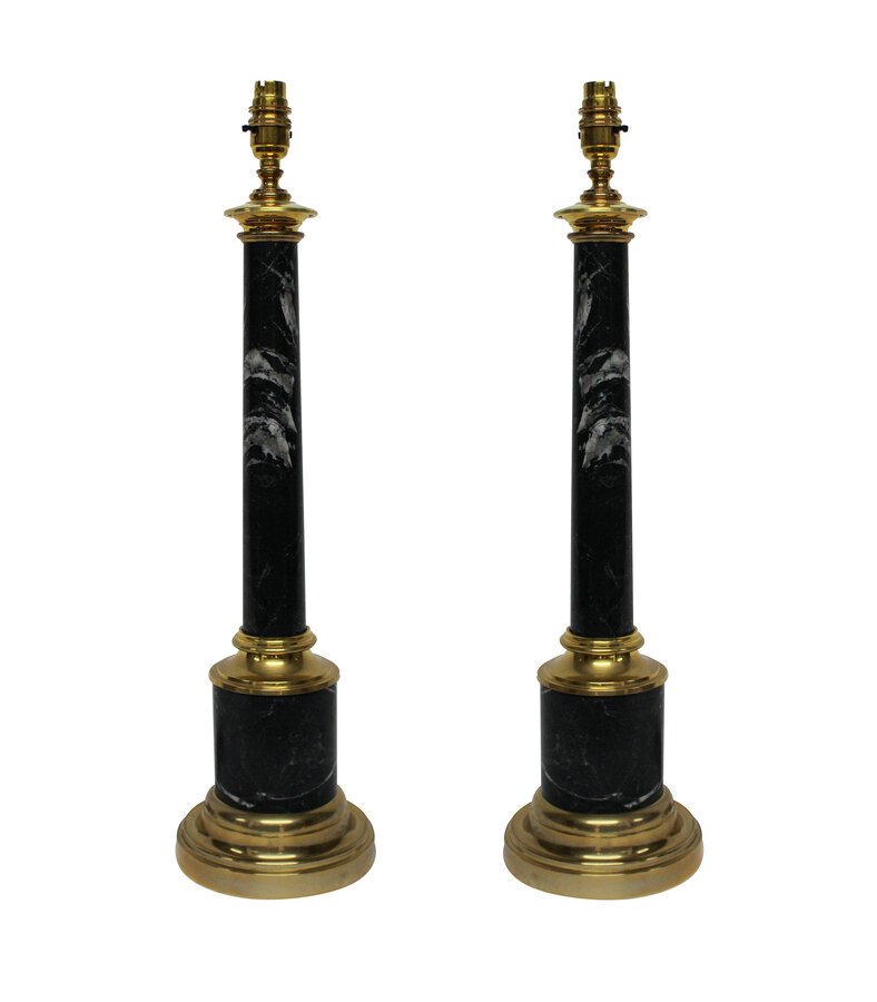 A PAIR OF GREY TUSCAN MARBLE COLUMN LAMPS