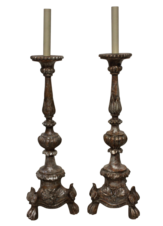 A PAIR OF ITALIAN XVIII CENTURY SILVER LEAF LAMPS