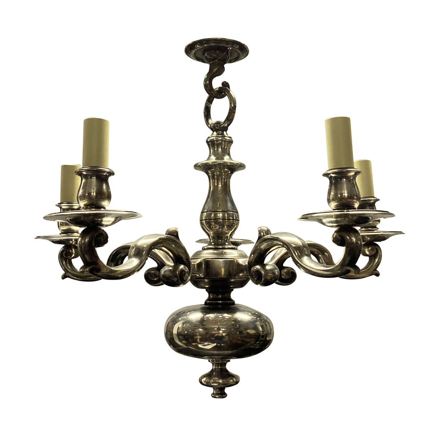 Antique AN ENGLISH FIVE ARM, SILVER PLATED BRONZE CHANDELIER