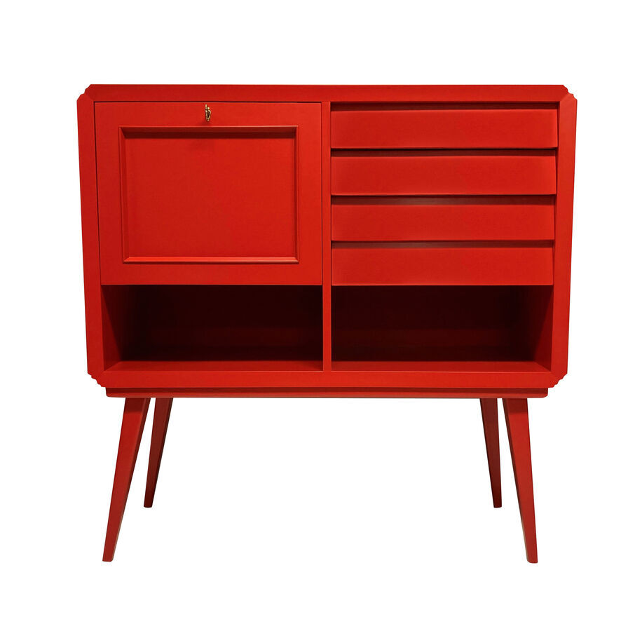 AN ITALIAN MID-CENTURY SCARLET LACQUERED BAR CABINET