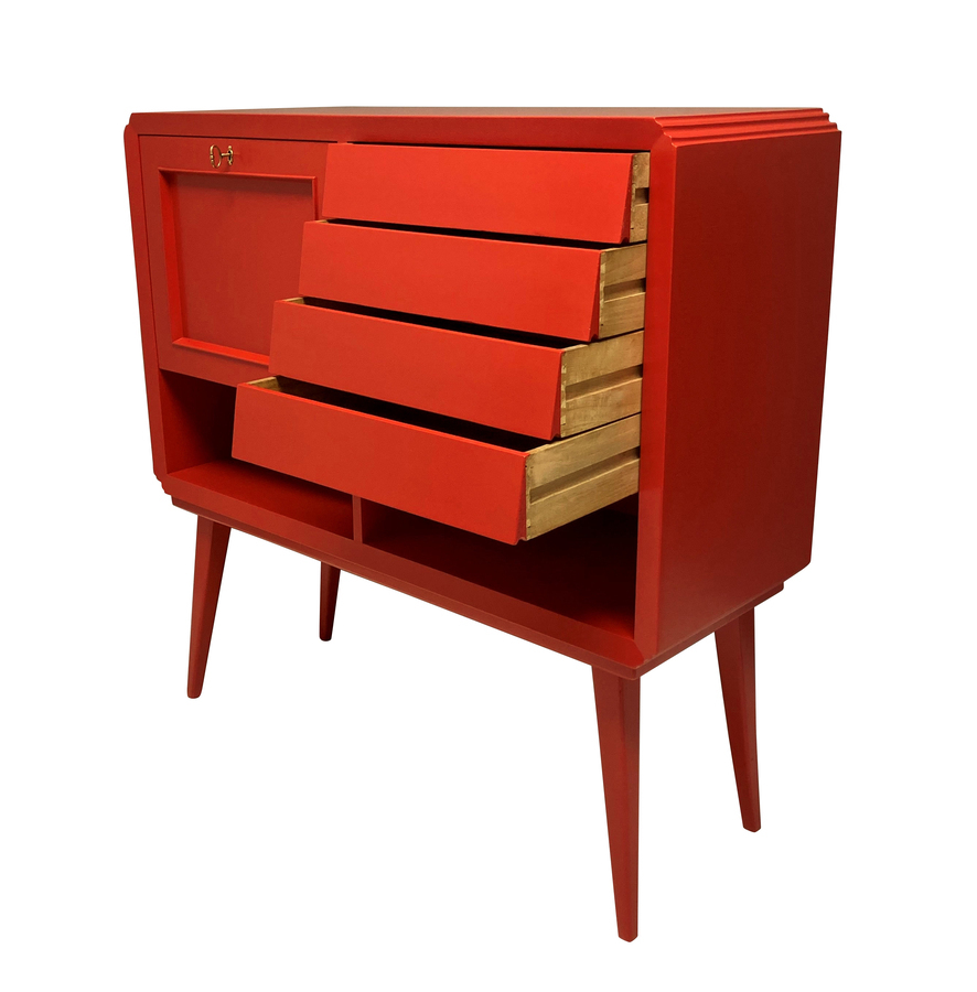 Antique AN ITALIAN MID-CENTURY SCARLET LACQUERED BAR CABINET