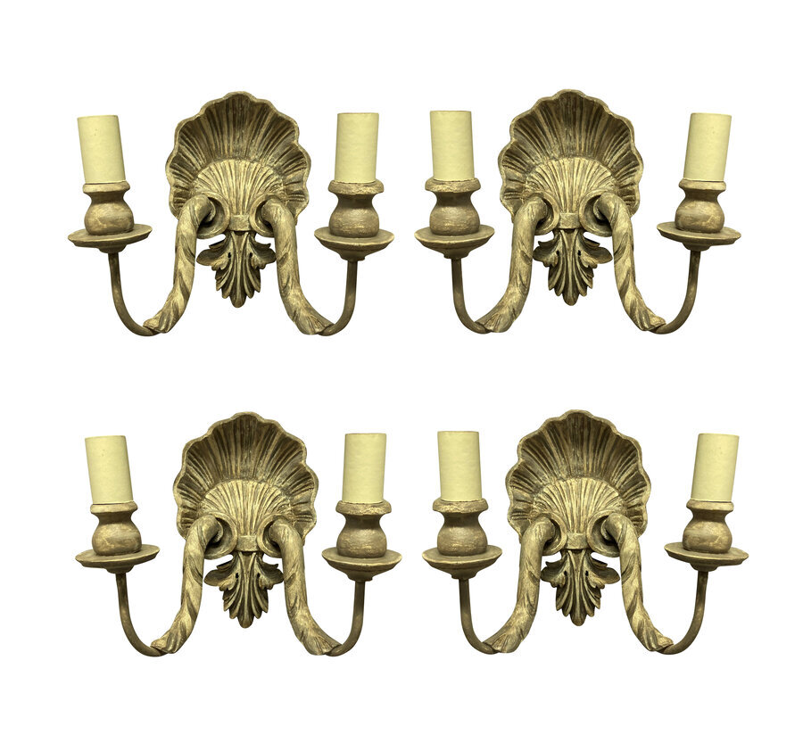 A SET OF FOUR CARVED & PAINTED SHELL WALL SCONCES