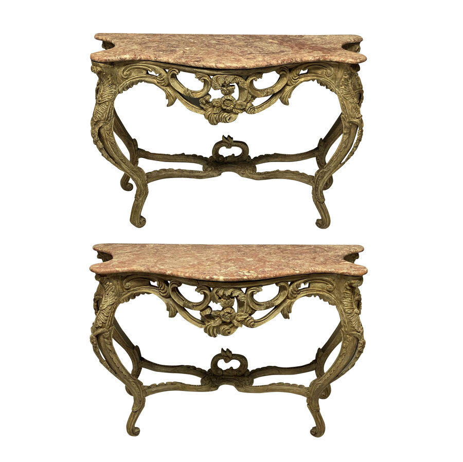 Antique A PAIR OF LOUIS XV STYLE PAINTED CONSOLE TABLES