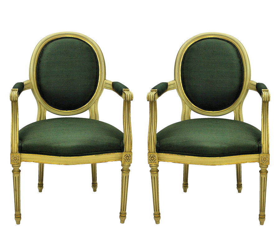 Antique A PAIR OF LOUIS XVI STYLE PAINTED & GILDED ARMCHAIRS IN SAGE GREEN SILK