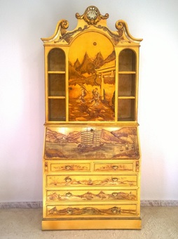 Spanish polychrome bureau bookcase with chinoiserie in refief
