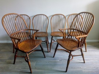 Antique Set of 6 Oak and Elm Windsor Stick Back Hoop Dining Chairs With Crinoline Stretchers