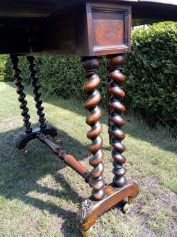 Antique Victorian Mahogany Sutherland Drop Leaf Table with Barley Twist Legs on Brass Casters