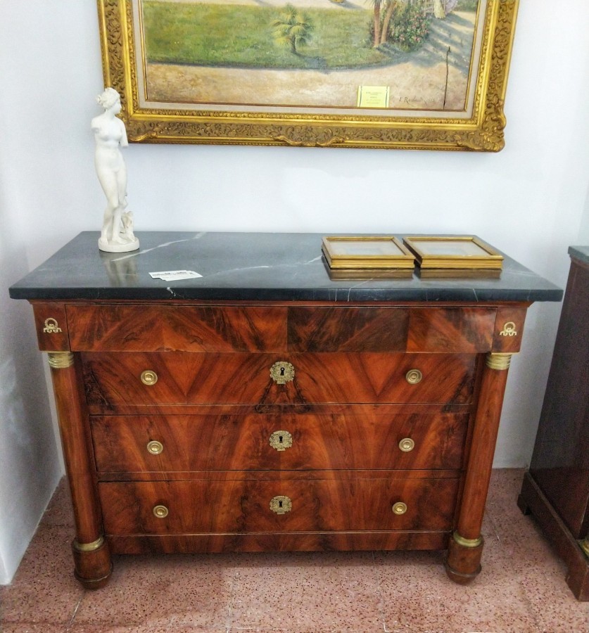 Empire Chest Of Drawer In Walnut Marble And Gilt Bronze 19th Century