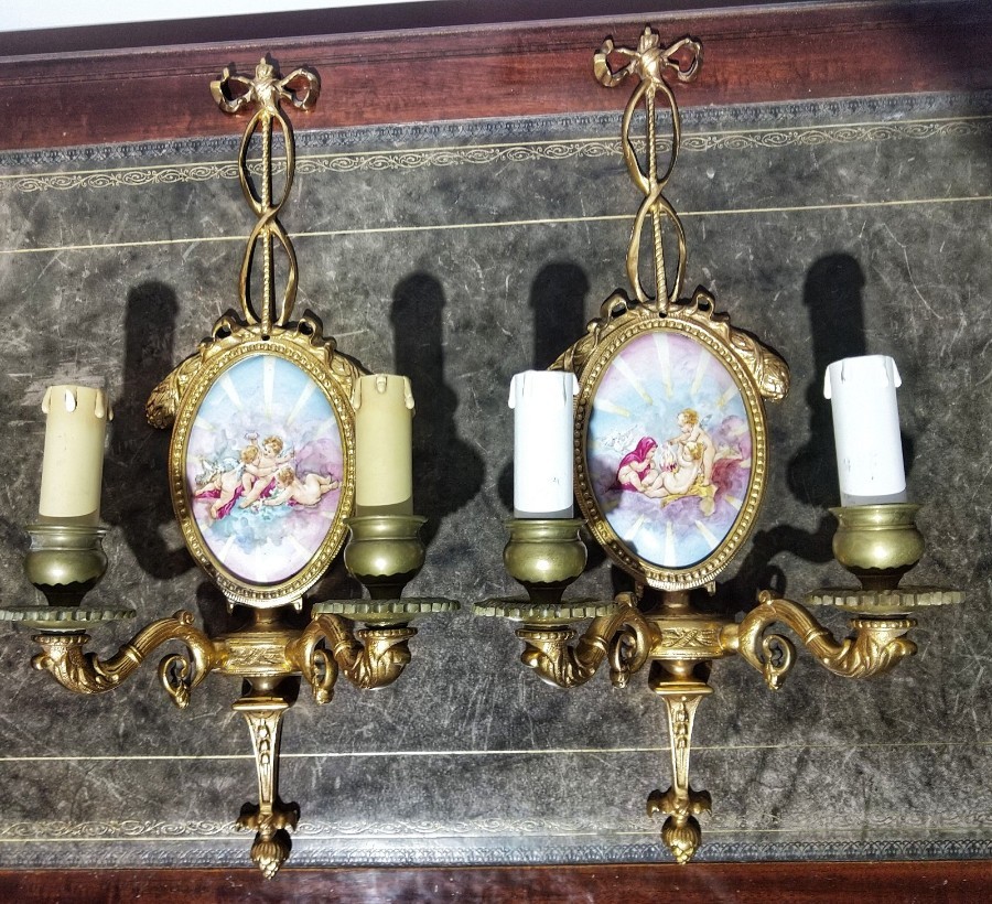 Pair Of Louis XVI Style Venetian Sconces In Gilt Bronze And Porcelain 20th Century
