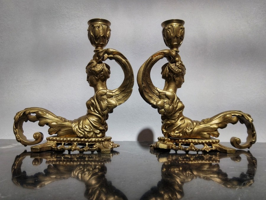 Pair Of Candlesticks Goddess Nike In Gilt Bronze 19th Century