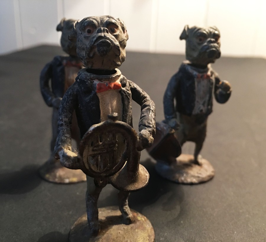 Antique Three early 20th century painted lead nodding bulldog figures ...