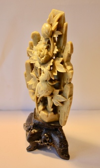 Antique Antique Chinese Jadeite / Soap Stone Carving of Bird of Paradise with Lotus Flowers Circa 1920.